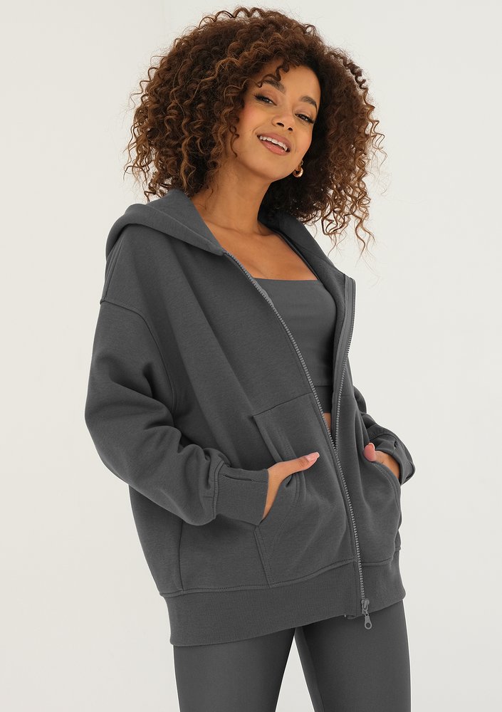 York - Dark stone grey oversize zipped hoodie