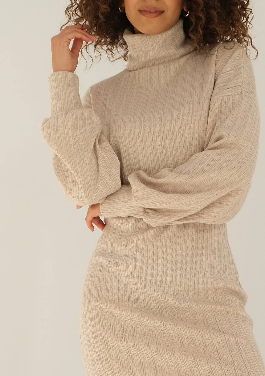Korina - Beige knitted turtleneck dress