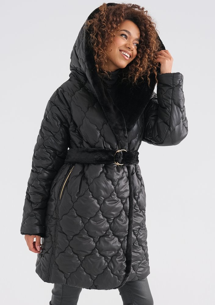 Numi - Black quilted tied coat