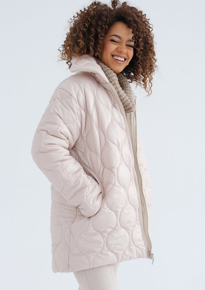 Rena - Long beige quilted jacket