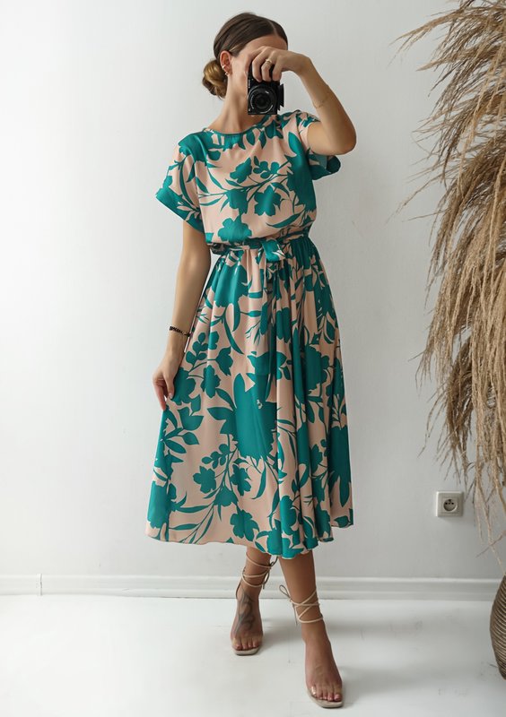 Linda - Sukienka midi Green Leaves