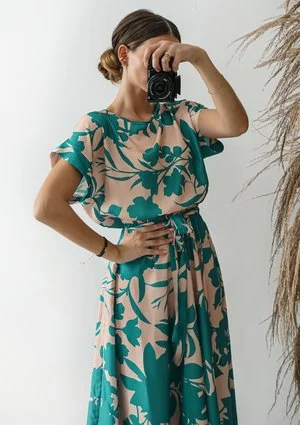 Linda - Green leaves printed midi dress
