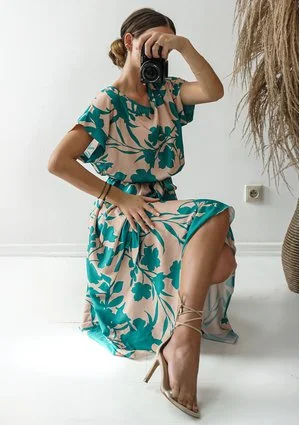 Linda - Green leaves printed midi dress