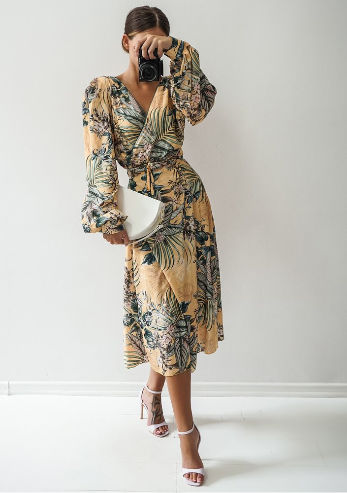 Jade - yellow midi wrap dress in leaves