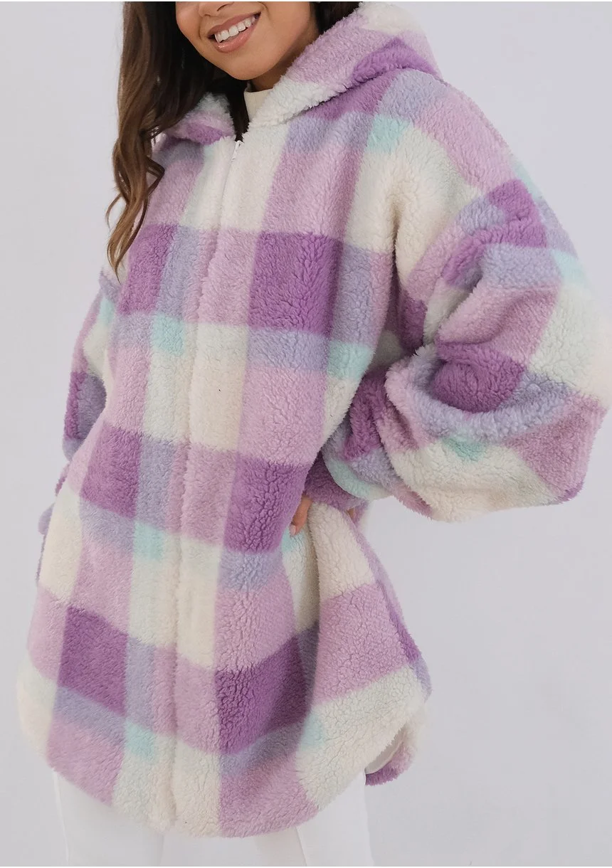 Merino - oversize checked lila boucle hoodie