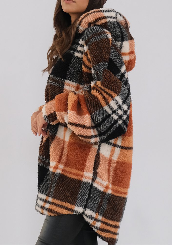 Merino - oversize checked brown boucle hoodie