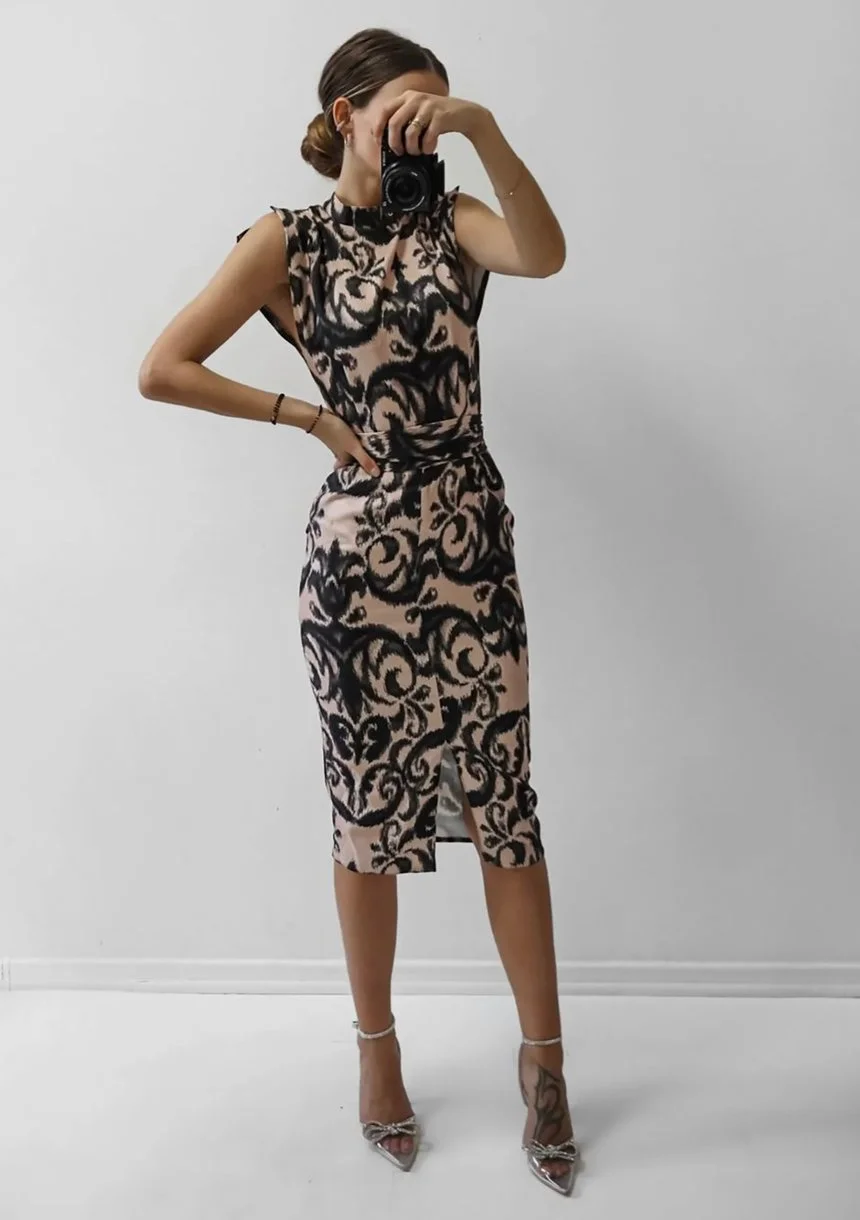Gemma - Beige printed midi dress