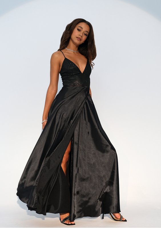 Selena - Shiny black satin maxi dress