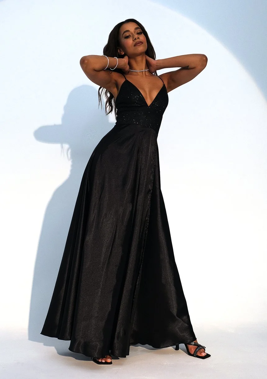 Selena - Shiny black satin maxi dress