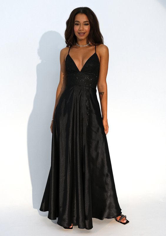 Selena - Shiny black satin maxi dress