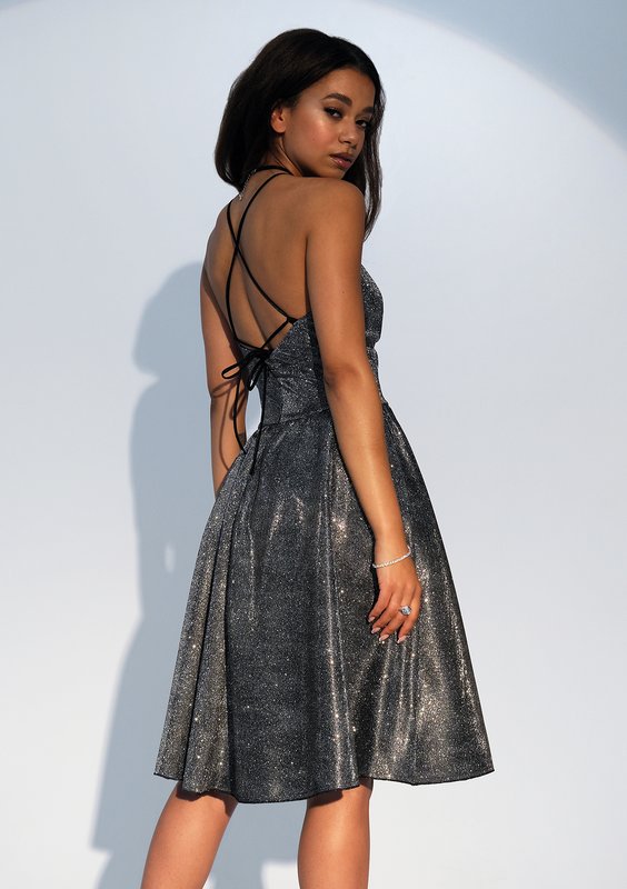 Livia - Silver midi brocade strap dress