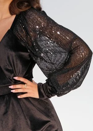 Salma - Black velvet mini dress with sequinned sleeves