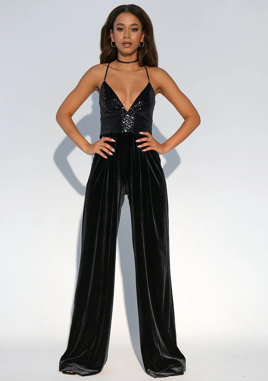 Moss - Black velvet jumpsuit with sequined top