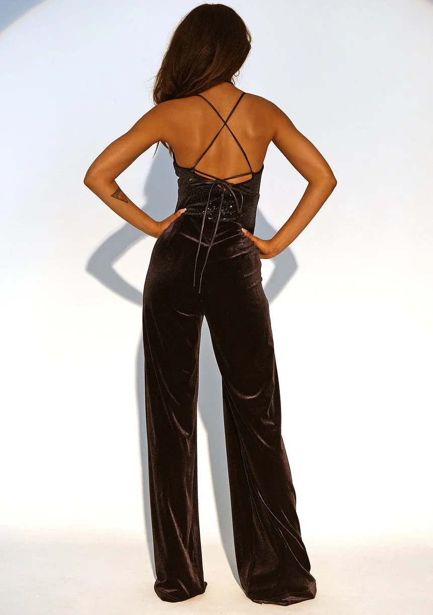 Moss - Black velvet jumpsuit with sequined top