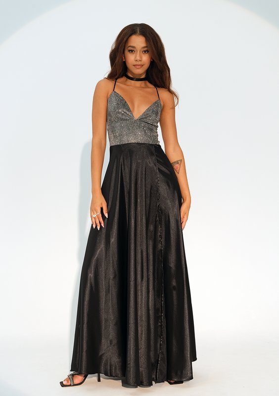 Selena - Shiny silver satin maxi dress