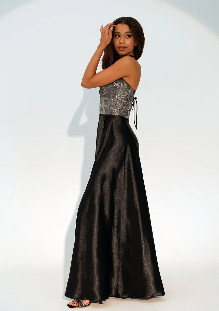 Selena - Shiny silver satin maxi dress