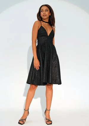 Livia - Black midi brocade strap dress