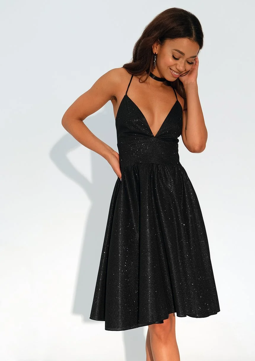 Livia - Black midi brocade strap dress