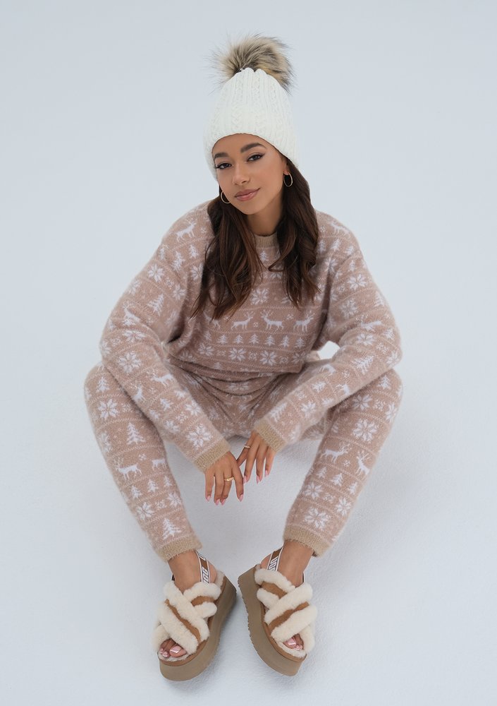 Snowee - Bluza swetrowa w zimowy wzór Beżowa