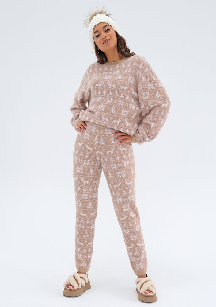 Snowee - Spodnie swetrowe w zimowy wzór Beżowe