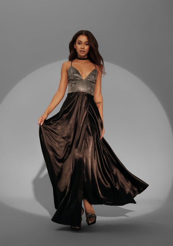 Selena - Shiny silver satin maxi dress