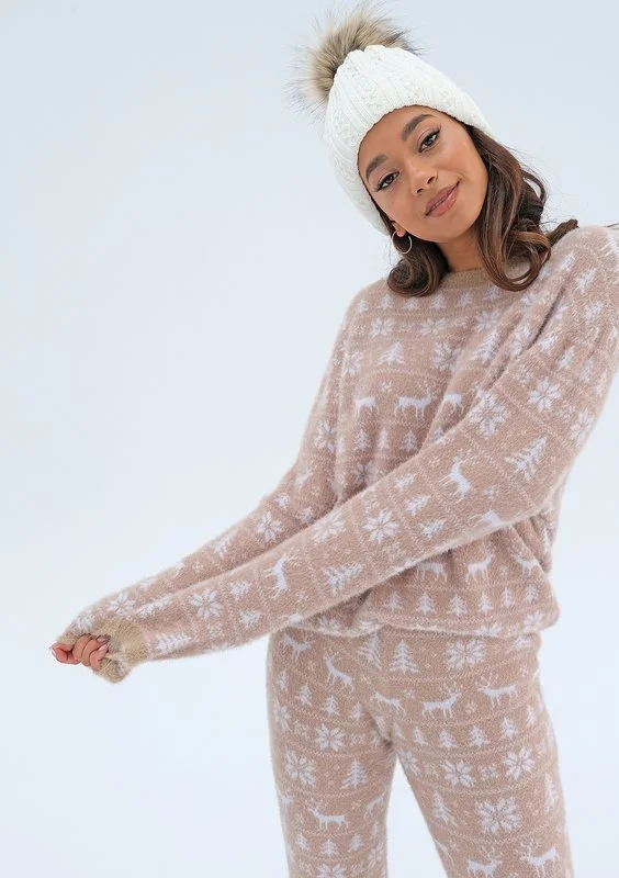 Snowee - Bluza swetrowa w zimowy wzór Beżowa