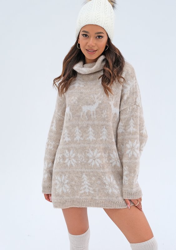 Freez - Sweter z golfem w zimowy wzór Beżowy