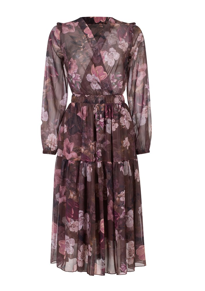 Szyfonowa sukienka midi w kwiaty Brązowa