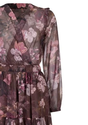 Szyfonowa sukienka midi w kwiaty Brązowa