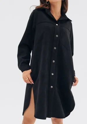 Ozana - Sukienka koszulowa z imitacji zamszu Czarna