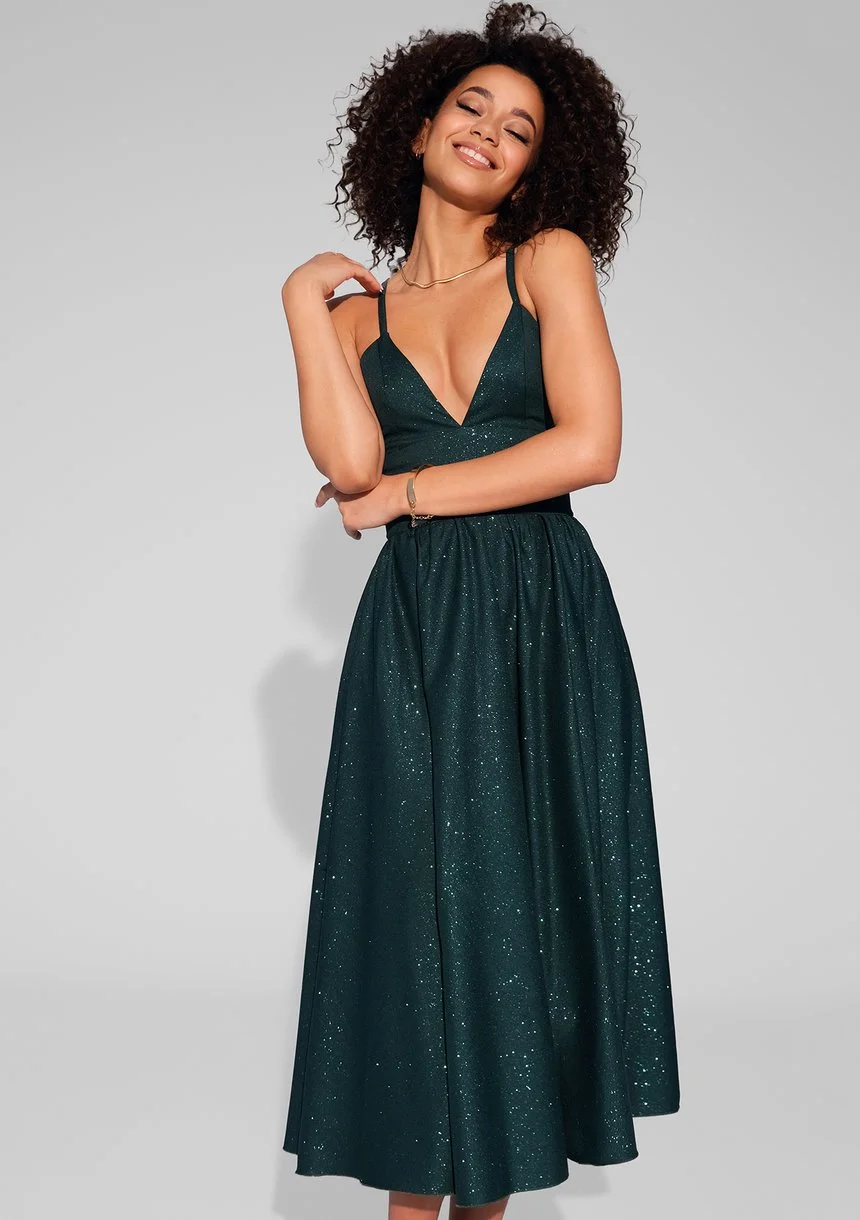 Livia - Green midi brocade strap dress