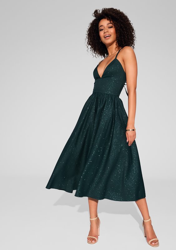 Livia - Green midi brocade strap dress