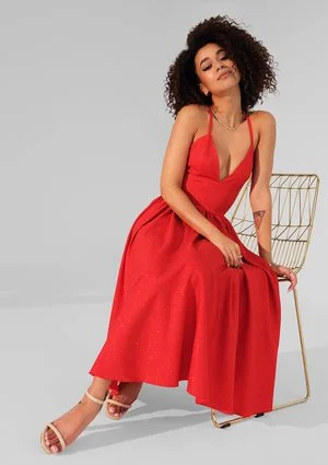 Livia - Red midi brocade strap dress