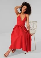 Livia - Red midi brocade strap dress