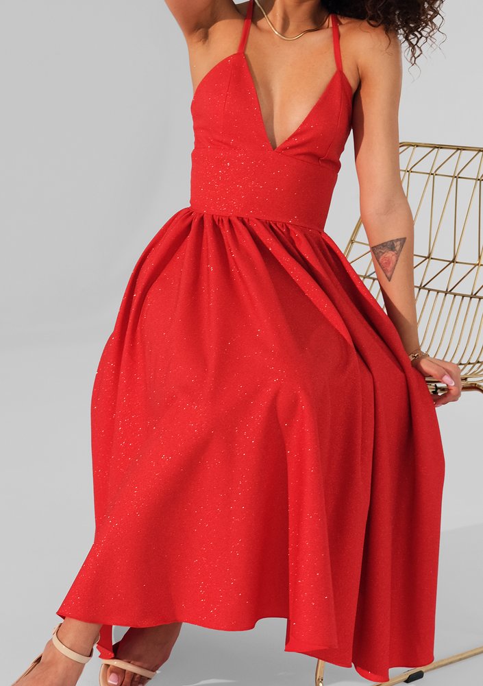 Livia - Red midi brocade strap dress