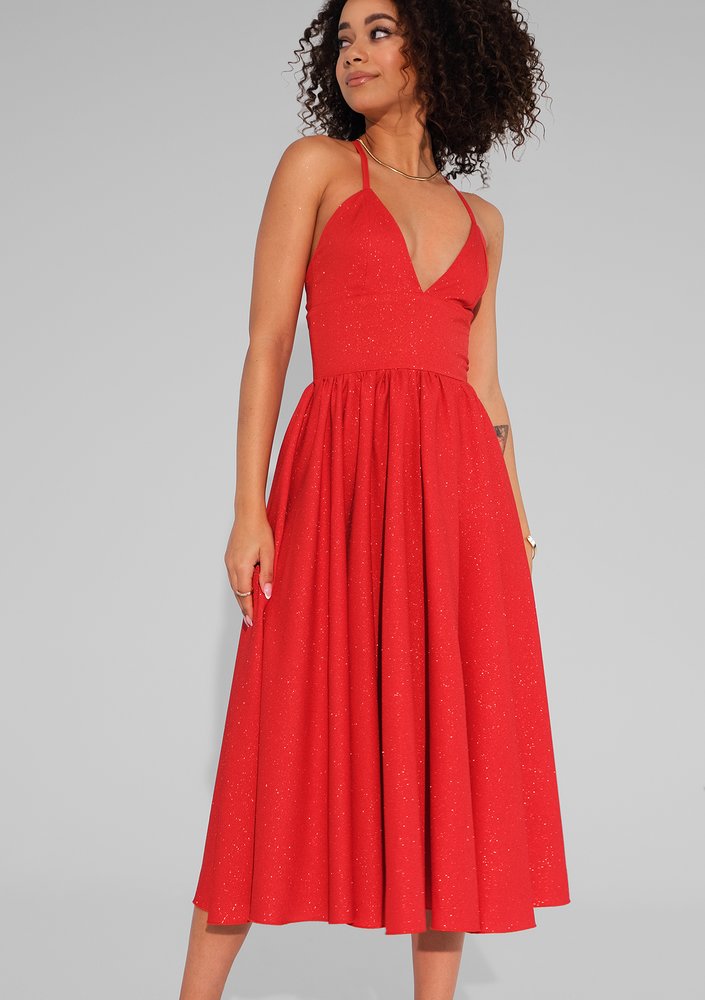 Livia - Red midi brocade strap dress