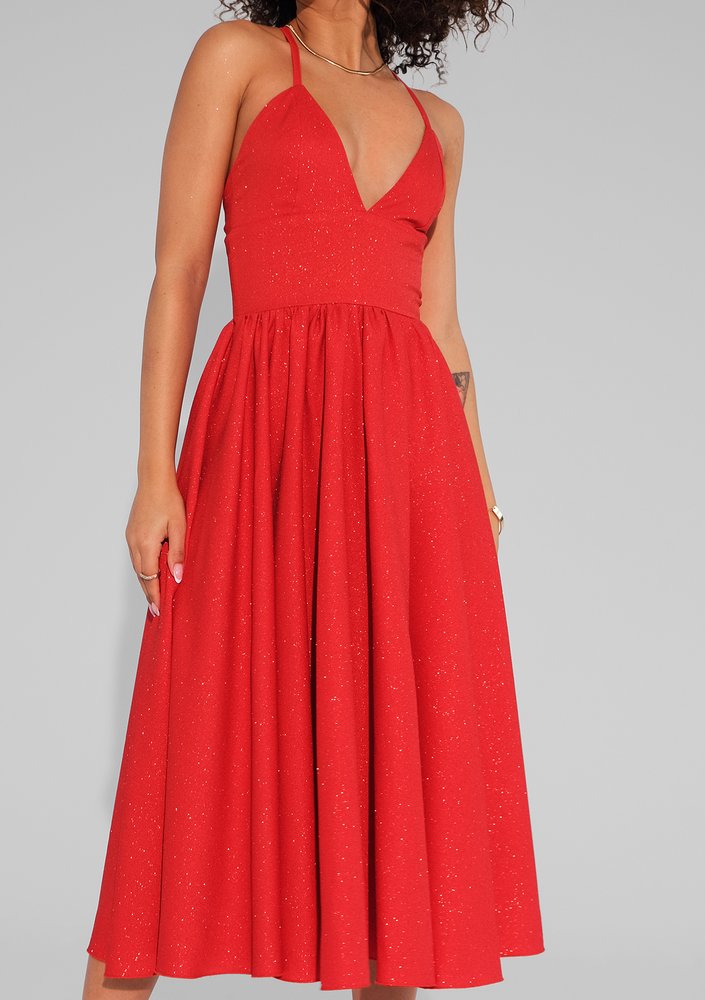 Livia - Red midi brocade strap dress