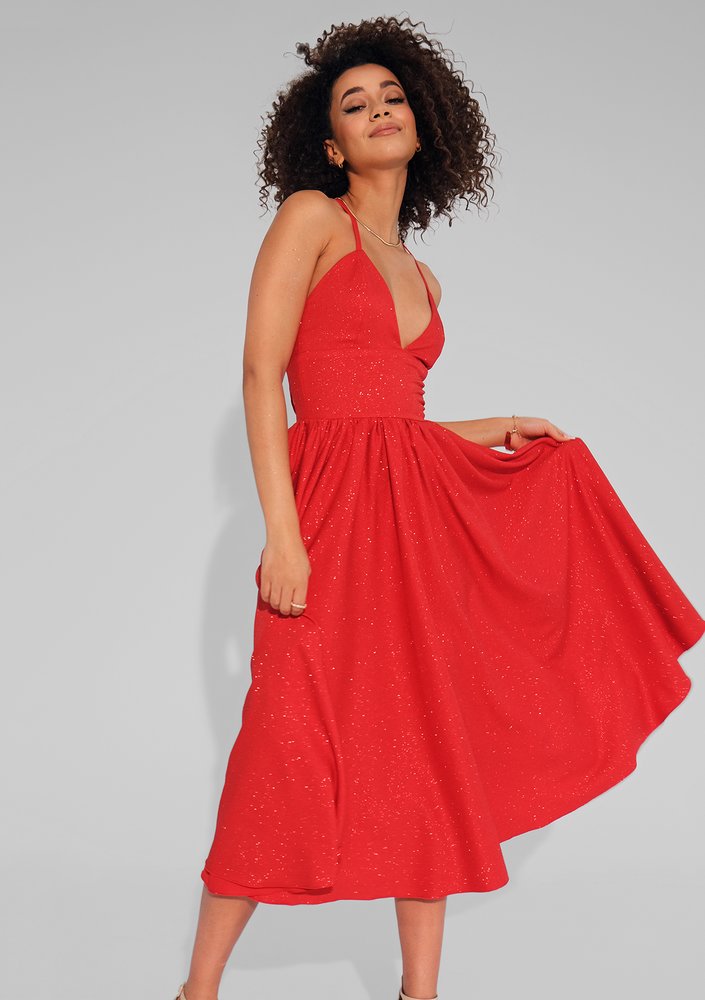 Livia - Red midi brocade strap dress