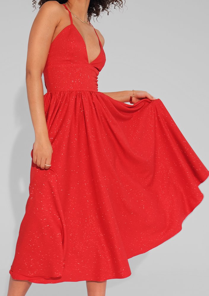 Livia - Red midi brocade strap dress
