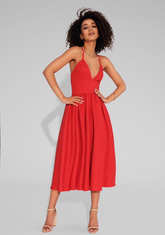 Livia - Brokatowa sukienka z koła Czerwona