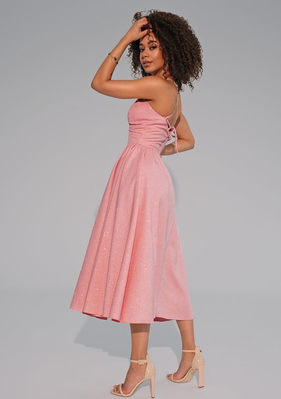 Livia - Powder pink midi brocade strap dress