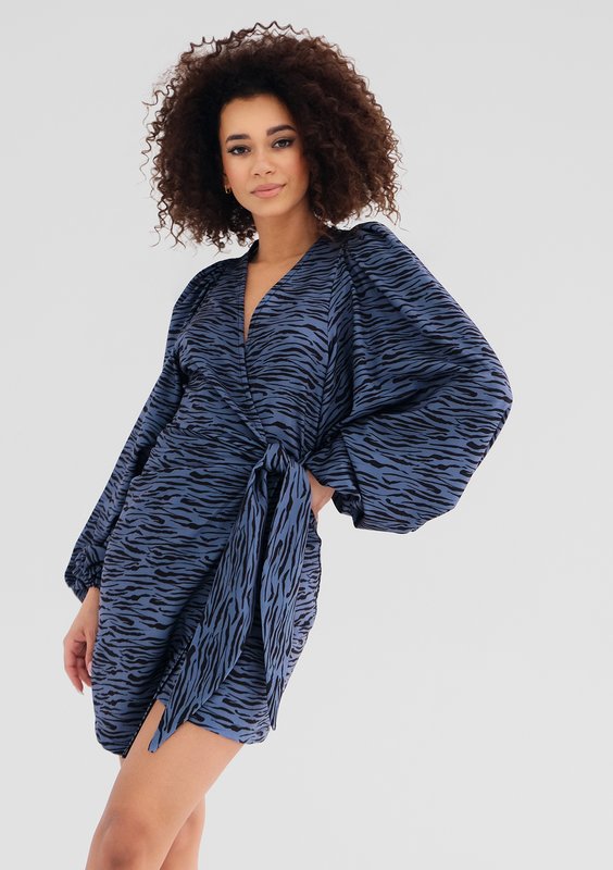 Tilly - Blue zebra printed mini wrap dress