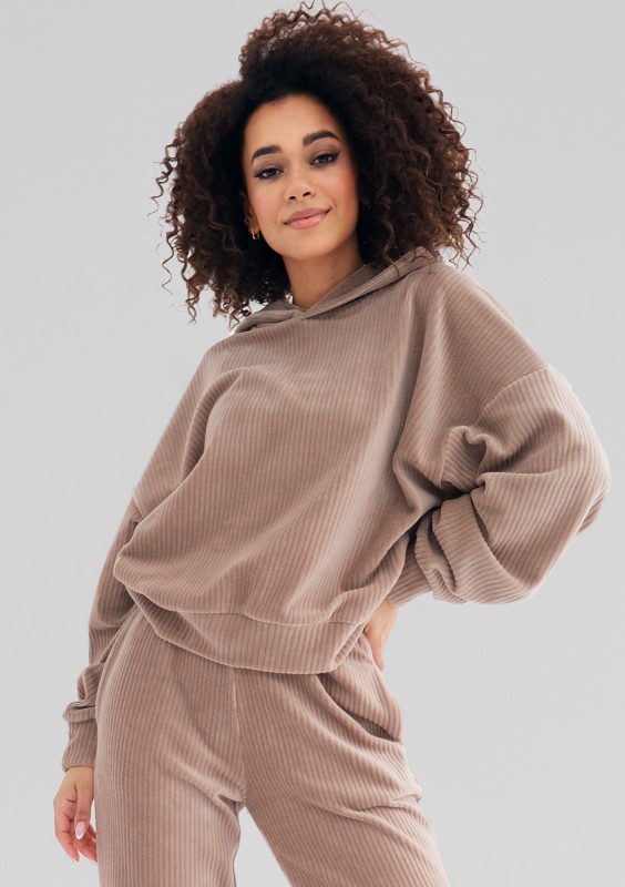 Jogg - Bluza welurowa w prążki Beżowa