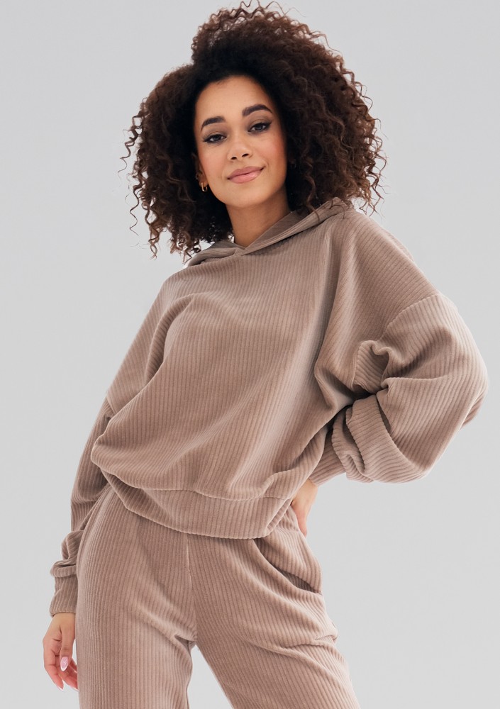 Jogg - Bluza welurowa w prążki Beżowa