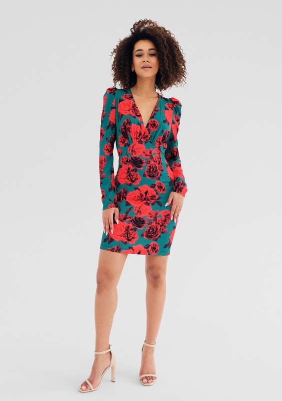 Aida - Green mini dress with a roses print