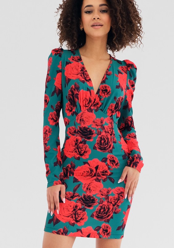 Aida - Green mini dress with a roses print