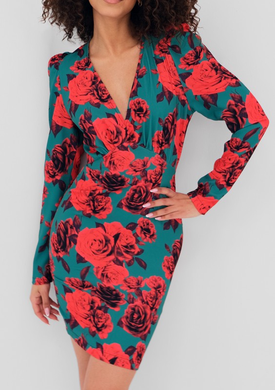 Aida - Green mini dress with a roses print