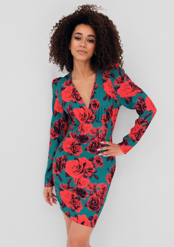 Aida - Green mini dress with a roses print