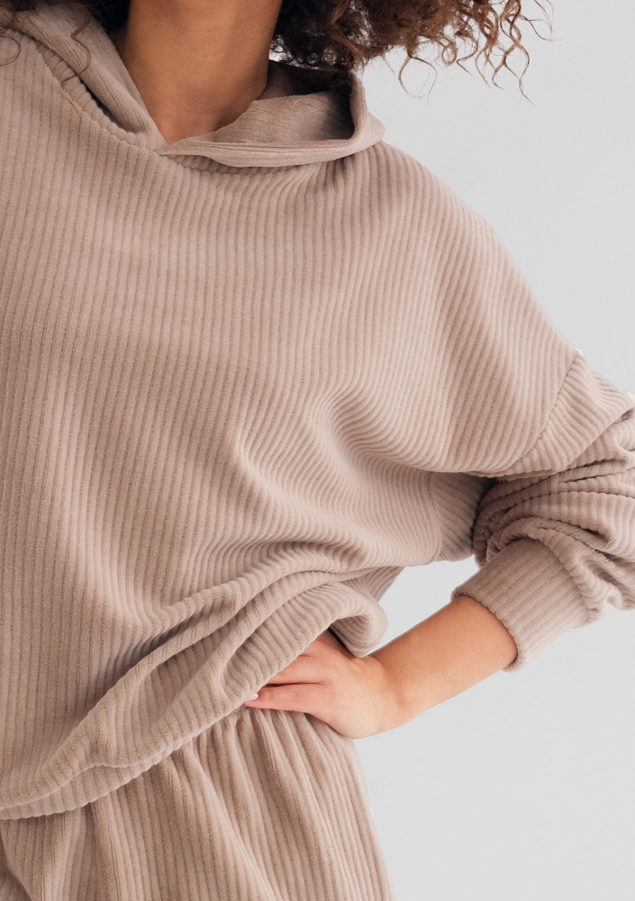 Jogg - Bluza welurowa w prążki Beżowa