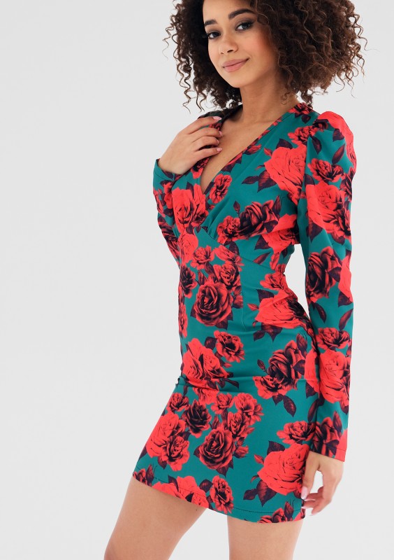Aida - Green mini dress with a roses print